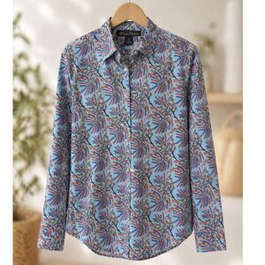 Brooks Brothers Floral Button Down Shirt 10 Blue Cotton Preppy Americana